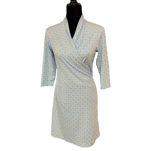 J. Mclaughlin Printed Ivana Dress Catalina Cloth Baby Blue Faux Wrap XS - Picture 1 of 8